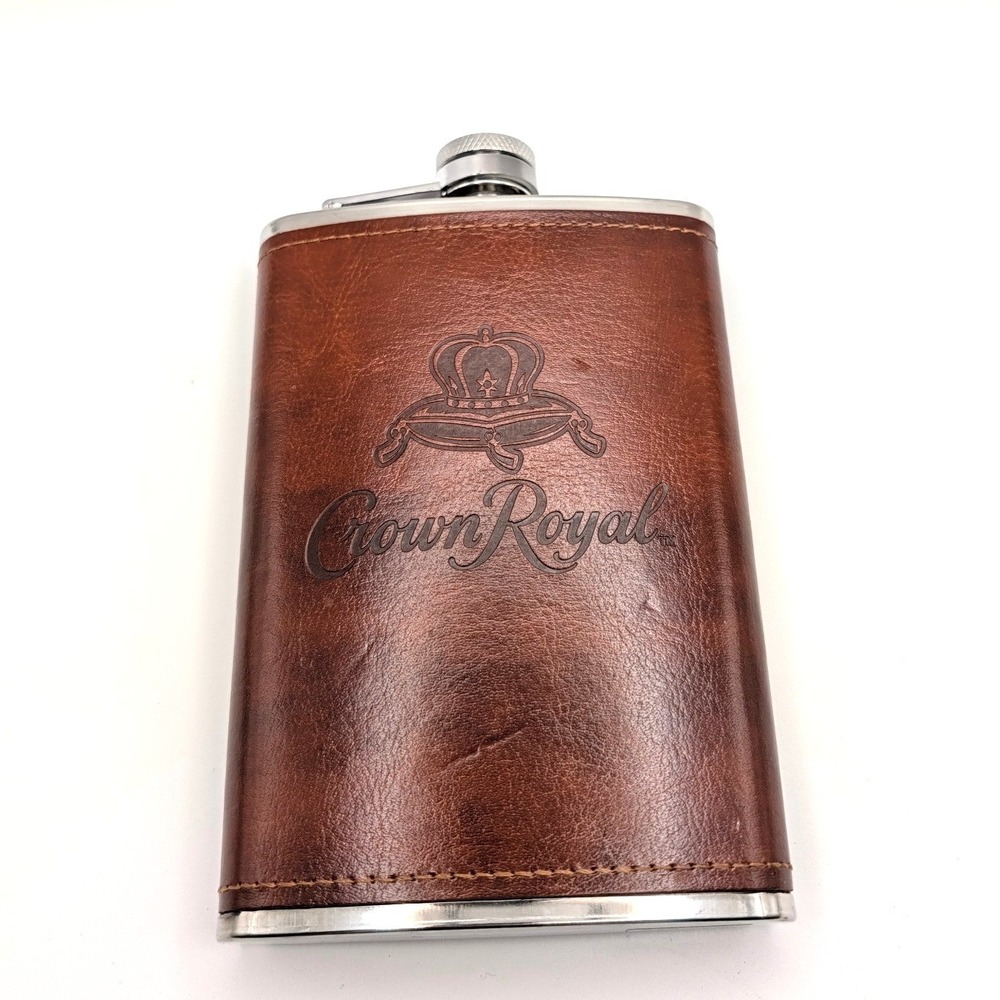 Crown Royal 8oz Hip Flask Brown Faux Leather Wrapped Stainless Steel Logo